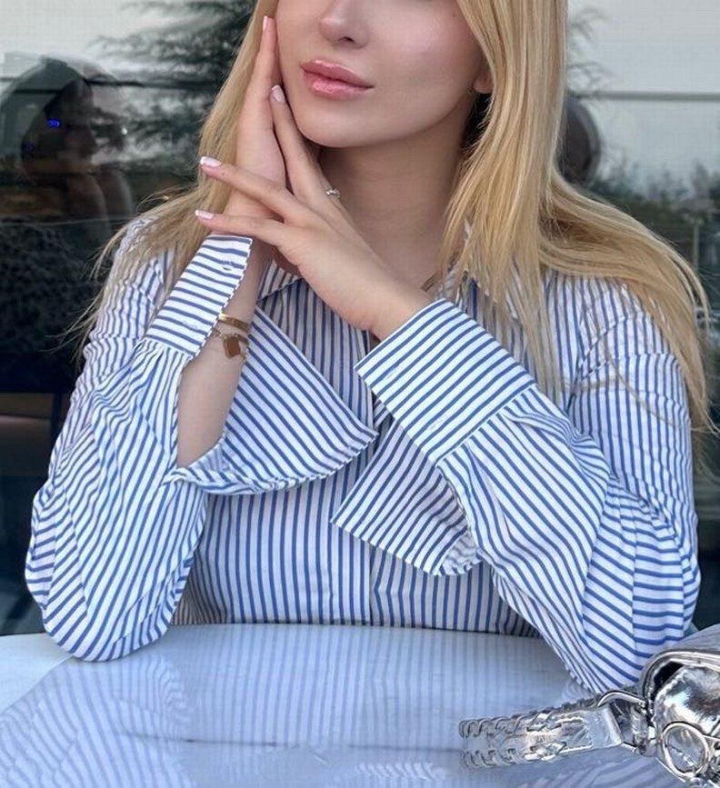 Düğmeli Çizgili Mavi Kadın Gömlek - Görsel 2