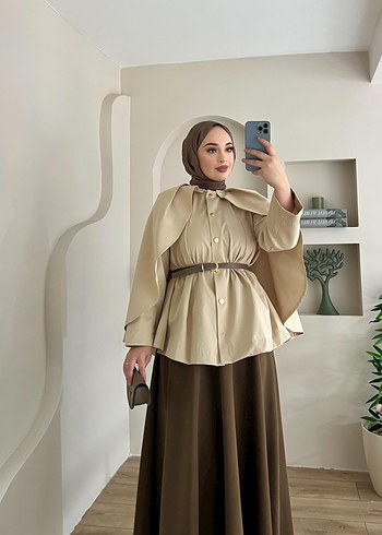 Bej Uzun Kollu Kadın Panço - Görsel 2