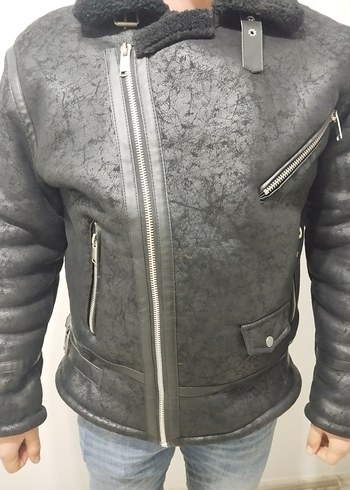 Kürk Detaylı Gri Deri Biker Ceket - Görsel 2