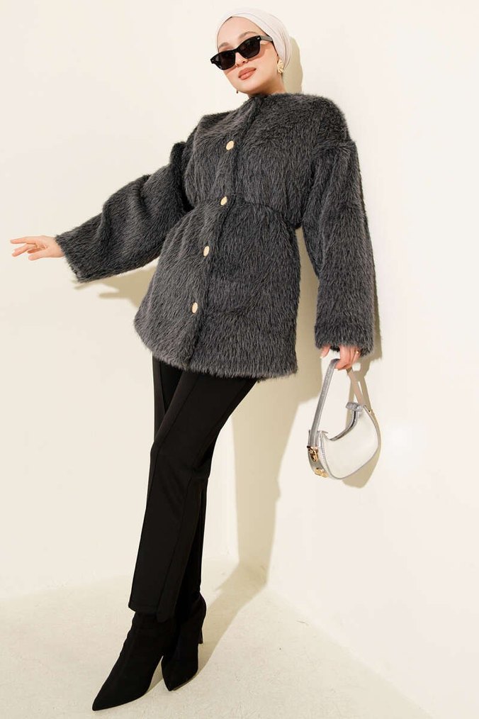 Gri Kürk Detaylı Kadın Midi Kaban - Görsel 2