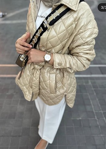 krem Kemerli Kısa Kadın Mont - Görsel 2