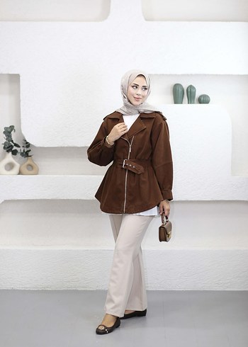 Kemerli Kahverengi Süet Midi Trençkot - Görsel 2