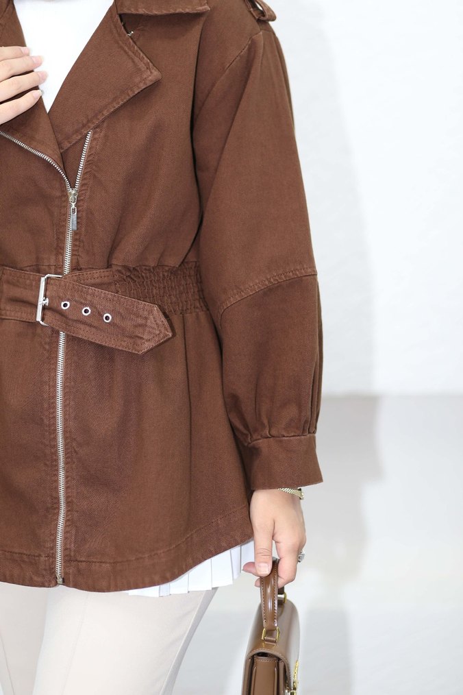 Kemerli Kahverengi Süet Midi Trençkot - Görsel 4