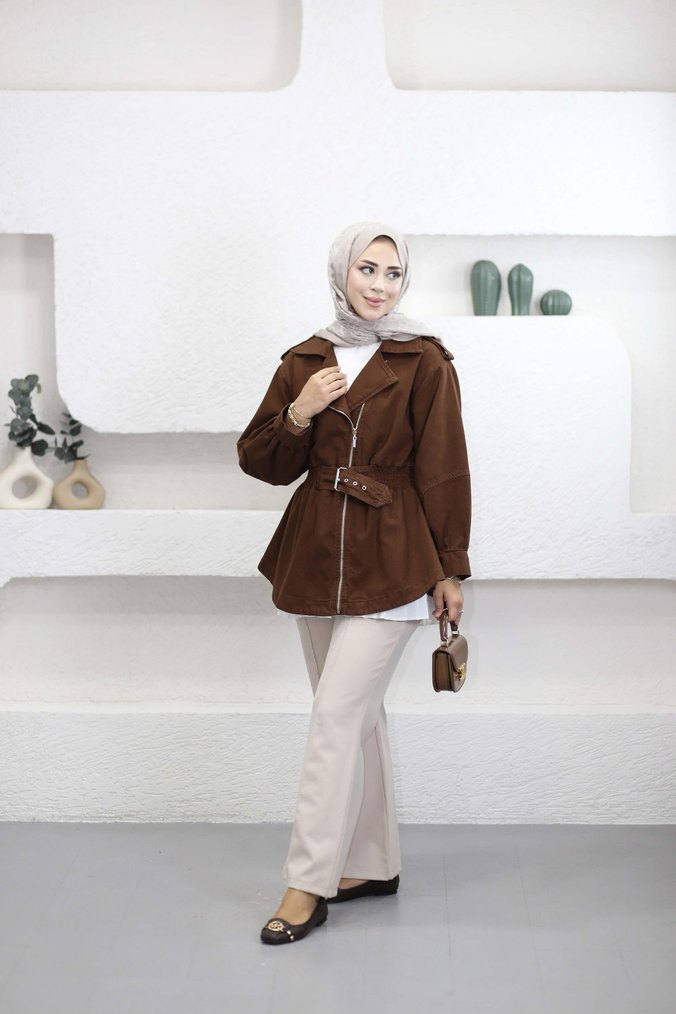 Kemerli Kahverengi Süet Midi Trençkot - Görsel 2