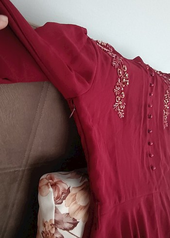 48 Beden Bordo Nakışlı Uzun Bohem Elbise