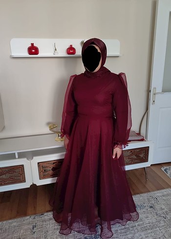 Bordo Uzun Kollu Drapeli Abiye Elbise