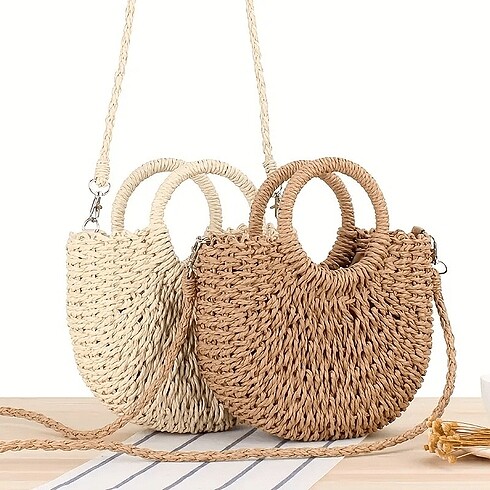 Yazlık Hasır Plaj Çantası, Yarı-Daire Rattan Dokuma El Çantası, 