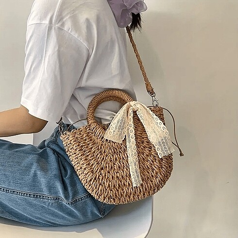  Beden Yazlık Hasır Plaj Çantası, Yarı-Daire Rattan Dokuma El Çantası, 