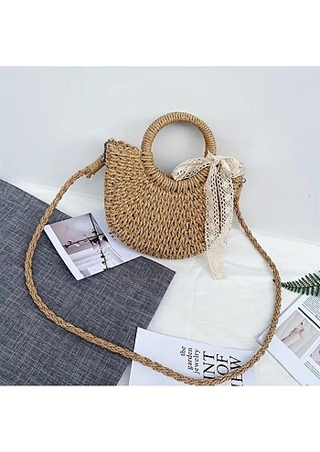 Sheinside Yazlık Hasır Plaj Çantası, Yarı-Daire Rattan Dokuma El Çantası, 