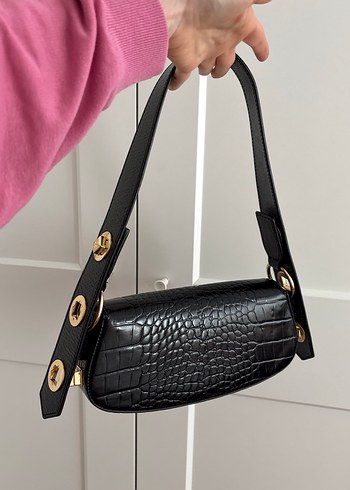  Beden MANC Kroko Desenli Siyah Kadın Deri Çanta