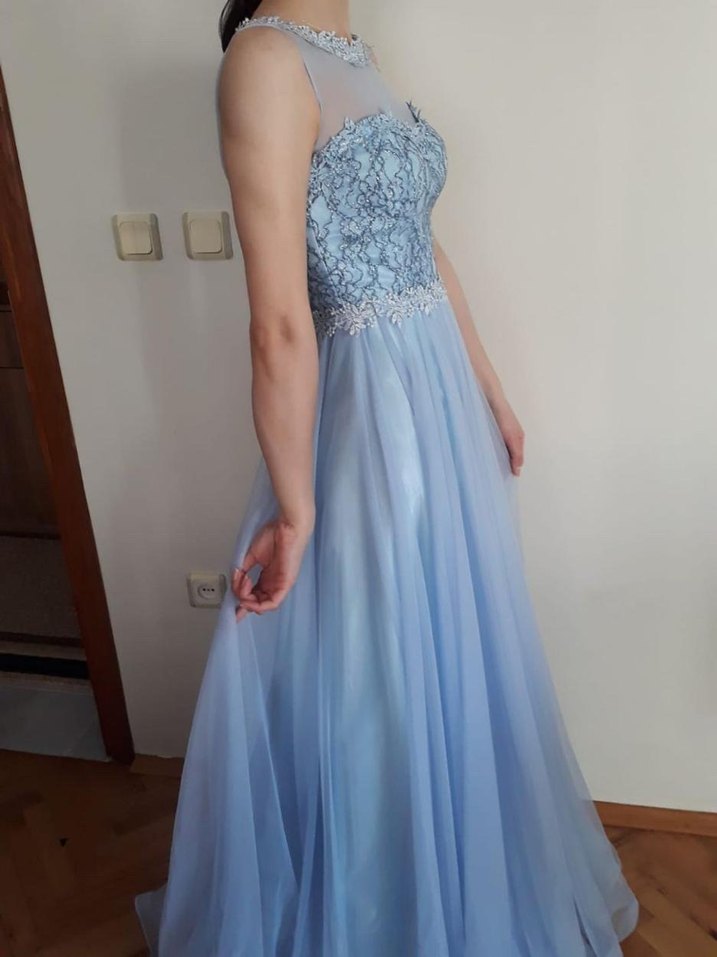 Uzun Mavi Dantel İşlemeli Abiye Elbise - Görsel 2