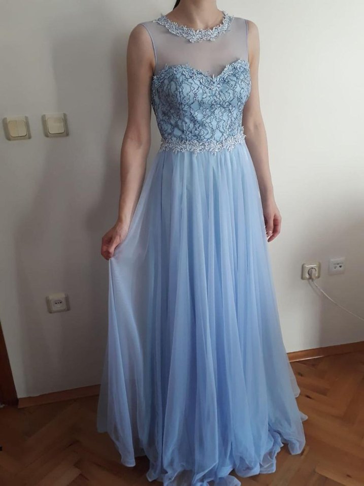 Uzun Mavi Dantel İşlemeli Abiye Elbise - Görsel 3