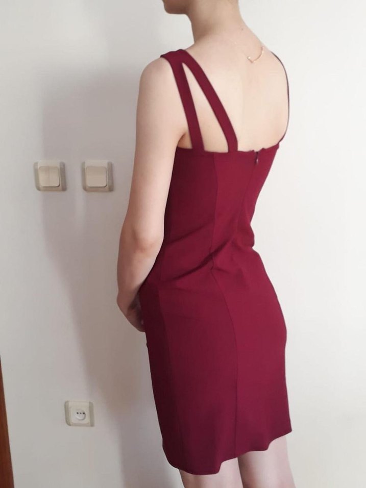 Bordo V Yaka Drapeli Midi Elbise - Görsel 4