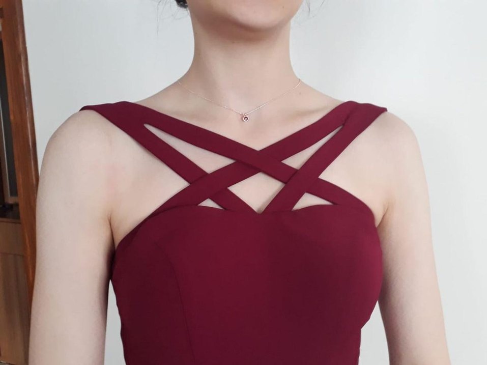 Bordo V Yaka Drapeli Midi Elbise - Görsel 3