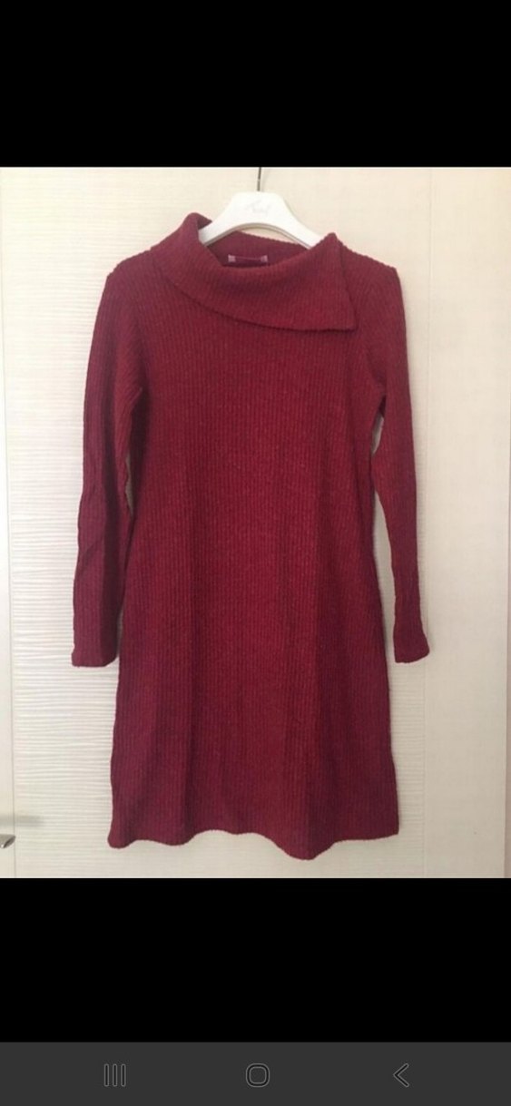 Bordo Yüksek Yakalı Triko Midi Elbise - Görsel 2