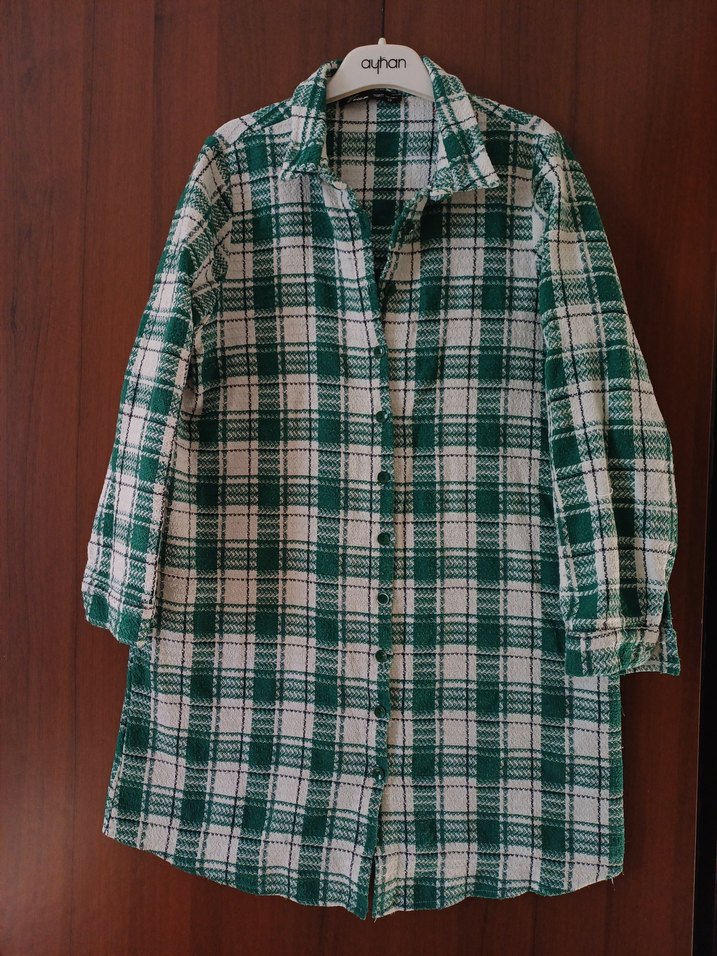 Düğmeli Yeşil Ekose Uzun Kollu Kadın Gömlek - Görsel 2