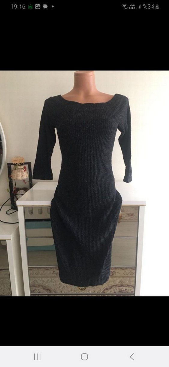 Uzun Siyah Triko Kadın Elbise - Görsel 3