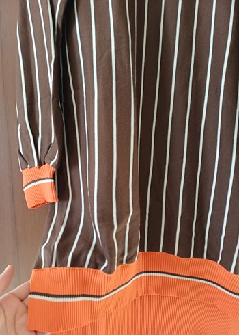 Uzun Kollu Çizgili Kahverengi Kadın kazak - Görsel 4