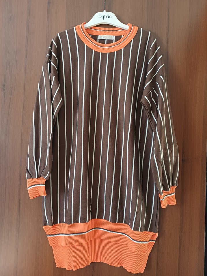 Uzun Kollu Çizgili Kahverengi Kadın kazak - Görsel 2