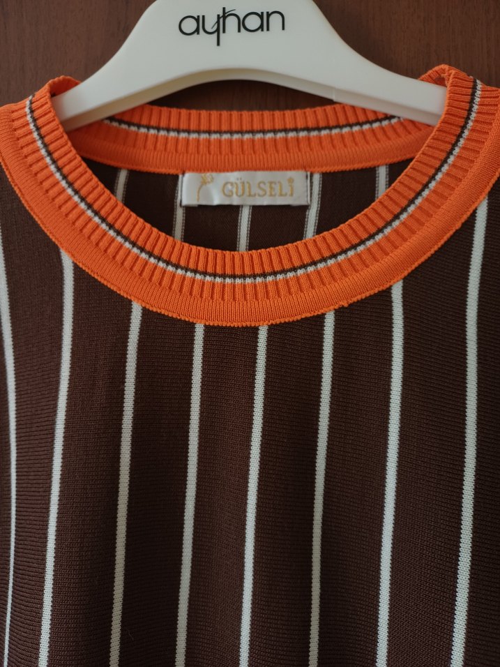 Uzun Kollu Çizgili Kahverengi Kadın kazak - Görsel 3