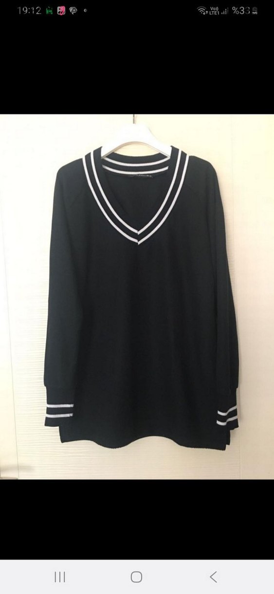 Siyah V Yaka Uzun Kollu Çizgili Kadın Kazak - Görsel 2