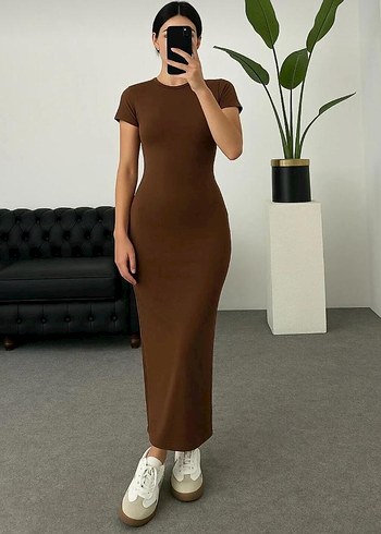 Kahverengi Uzun Dar Kesim Elbise - Görsel 2