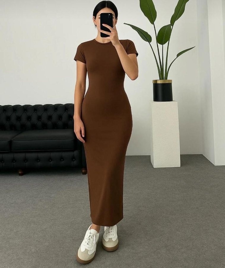 Kahverengi Uzun Dar Kesim Elbise - Görsel 2