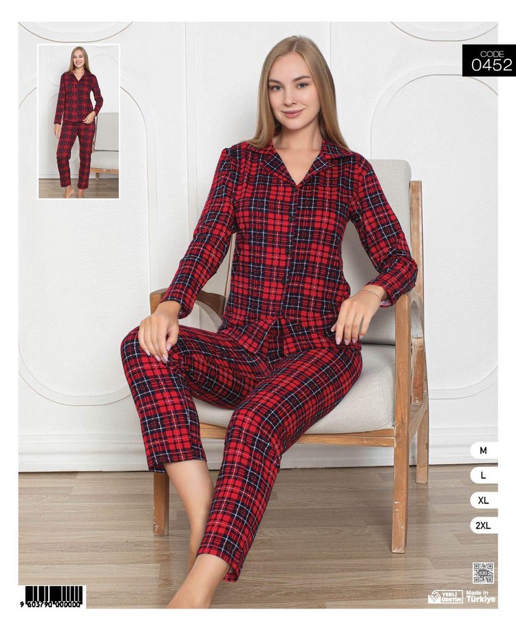 Kırmızı Ekose Desenli Kadın Pijama Takımı - Görsel 3