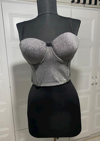 Gri gümüş  simli Straplez Mini Bustiyer - Görsel 9