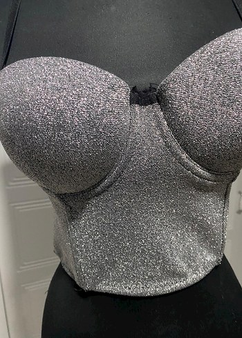 Gri gümüş  simli Straplez Mini Bustiyer - Görsel 7