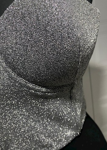 Gri gümüş  simli Straplez Mini Bustiyer - Görsel 3