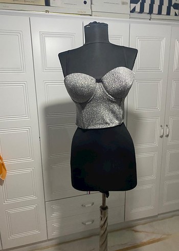 Gri gümüş  simli Straplez Mini Bustiyer - Görsel 2