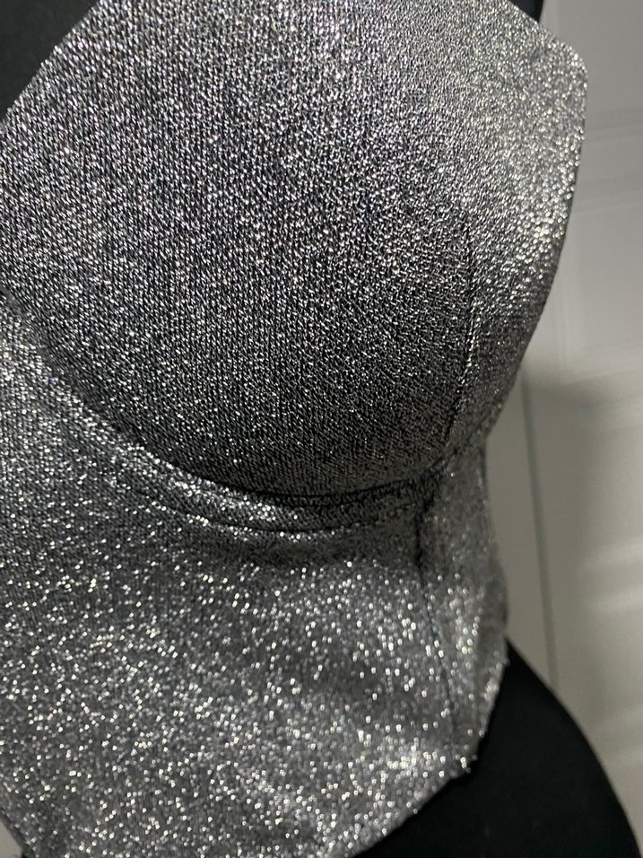 Gri gümüş  simli Straplez Mini Bustiyer - Görsel 3