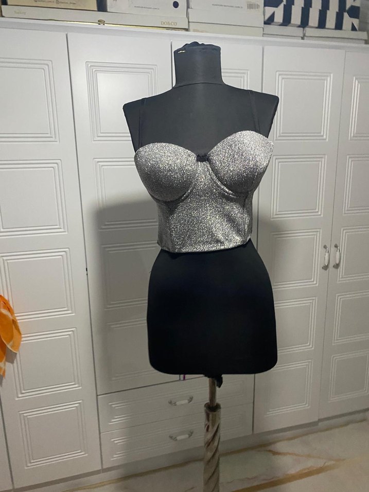 Gri gümüş  simli Straplez Mini Bustiyer - Görsel 2