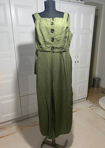 Düğmeli Keten Haki  yeşil Kadın Tulum - Görsel 3