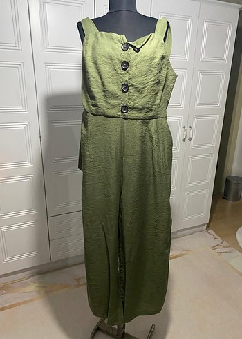 Düğmeli Keten Haki  yeşil Kadın Tulum - Görsel 2