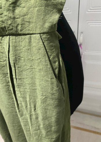 Düğmeli Keten Haki  yeşil Kadın Tulum - Görsel 4