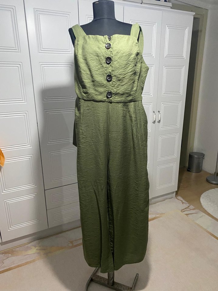 Düğmeli Keten Haki  yeşil Kadın Tulum - Görsel 3