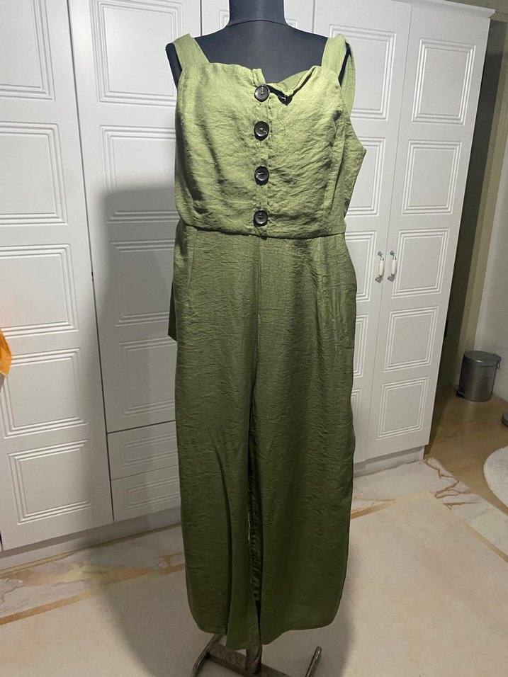 Düğmeli Keten Haki  yeşil Kadın Tulum - Görsel 2