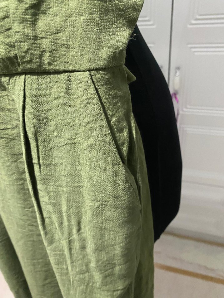 Düğmeli Keten Haki  yeşil Kadın Tulum - Görsel 4