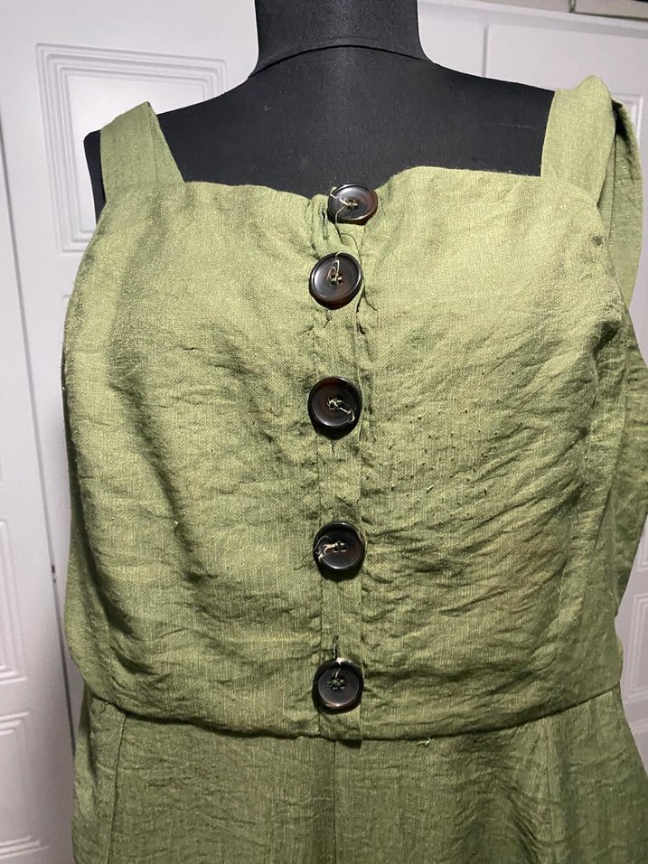 Düğmeli Keten Haki  yeşil Kadın Tulum - Görsel 5