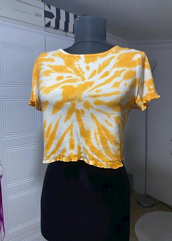 Sarı  turuncu Batik Desenli Kısa Crop Top - Görsel 4