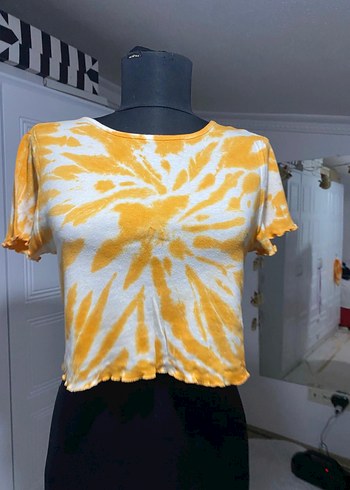 Sarı  turuncu Batik Desenli Kısa Crop Top - Görsel 3