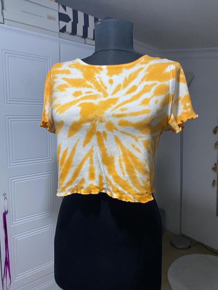 Sarı  turuncu Batik Desenli Kısa Crop Top - Görsel 4