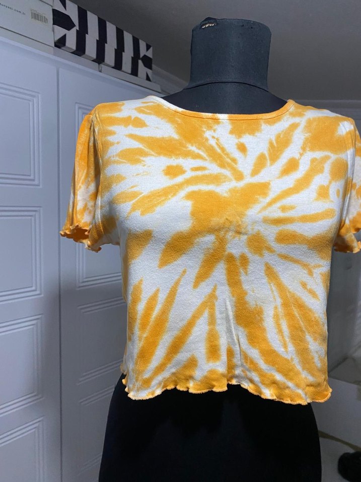 Sarı  turuncu Batik Desenli Kısa Crop Top - Görsel 5