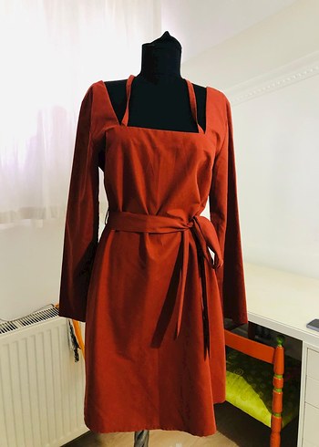 Kiremit rengi Uzun Kollu  mini elbise - Görsel 7