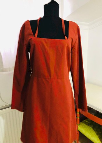 Kiremit rengi Uzun Kollu  mini elbise - Görsel 8