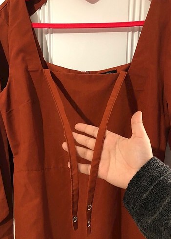 Kiremit rengi Uzun Kollu  mini elbise - Görsel 13