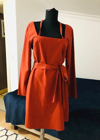 Kiremit rengi Uzun Kollu  mini elbise - Görsel 3