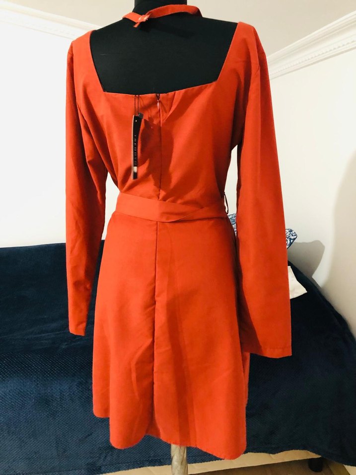 Kiremit rengi Uzun Kollu  mini elbise - Görsel 4